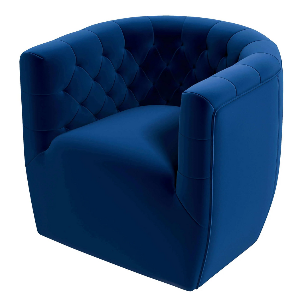 Delaney Dark Blue Velvet Swivel Chair Closeup.