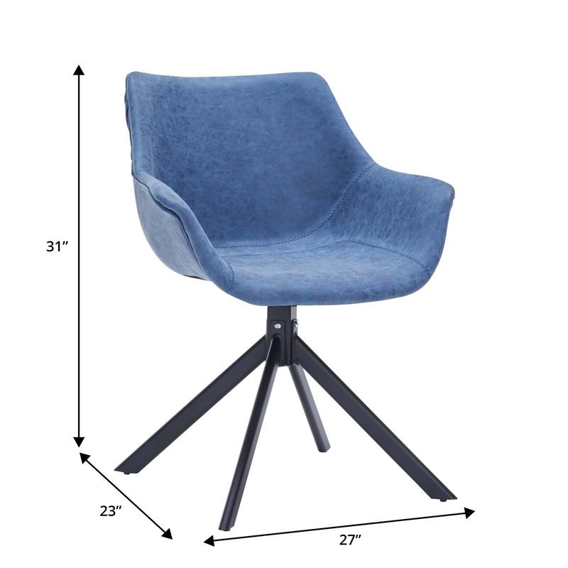 Blue chair with black metal legs and dimensions indicated on a white background.