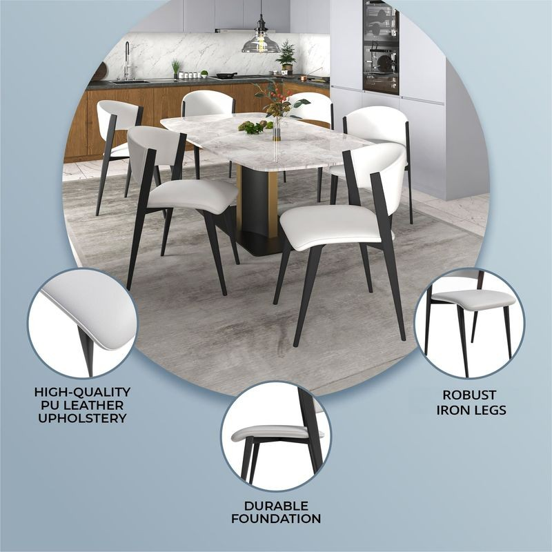 Dining table set with chairs in a kitchen setting, highlighting features like high-quality PU leather upholstery and robust iron legs.