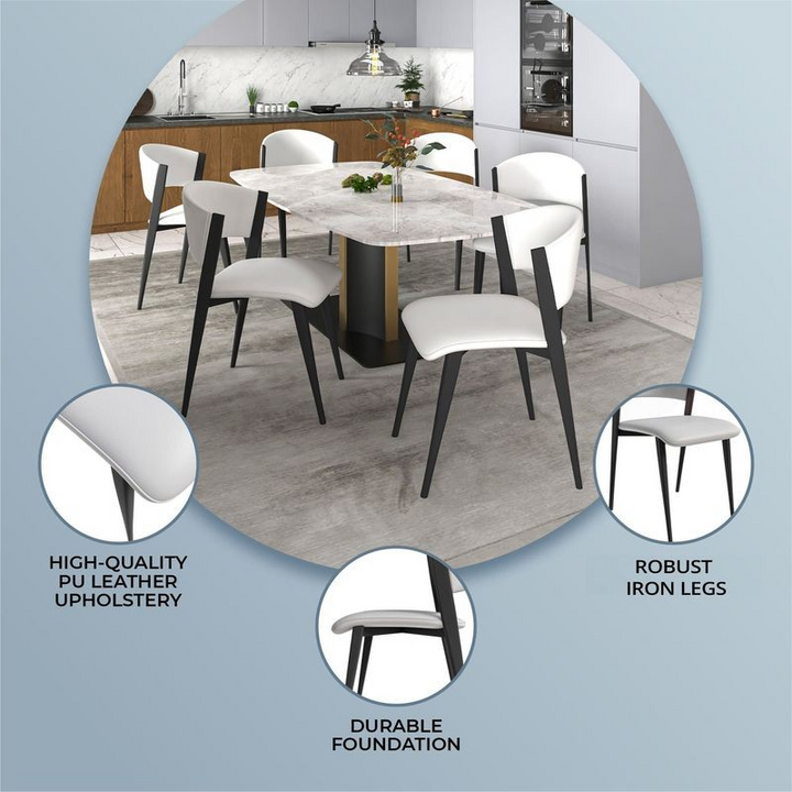 Dining table set with chairs in a kitchen setting, highlighting features like high-quality PU leather upholstery and robust iron legs.