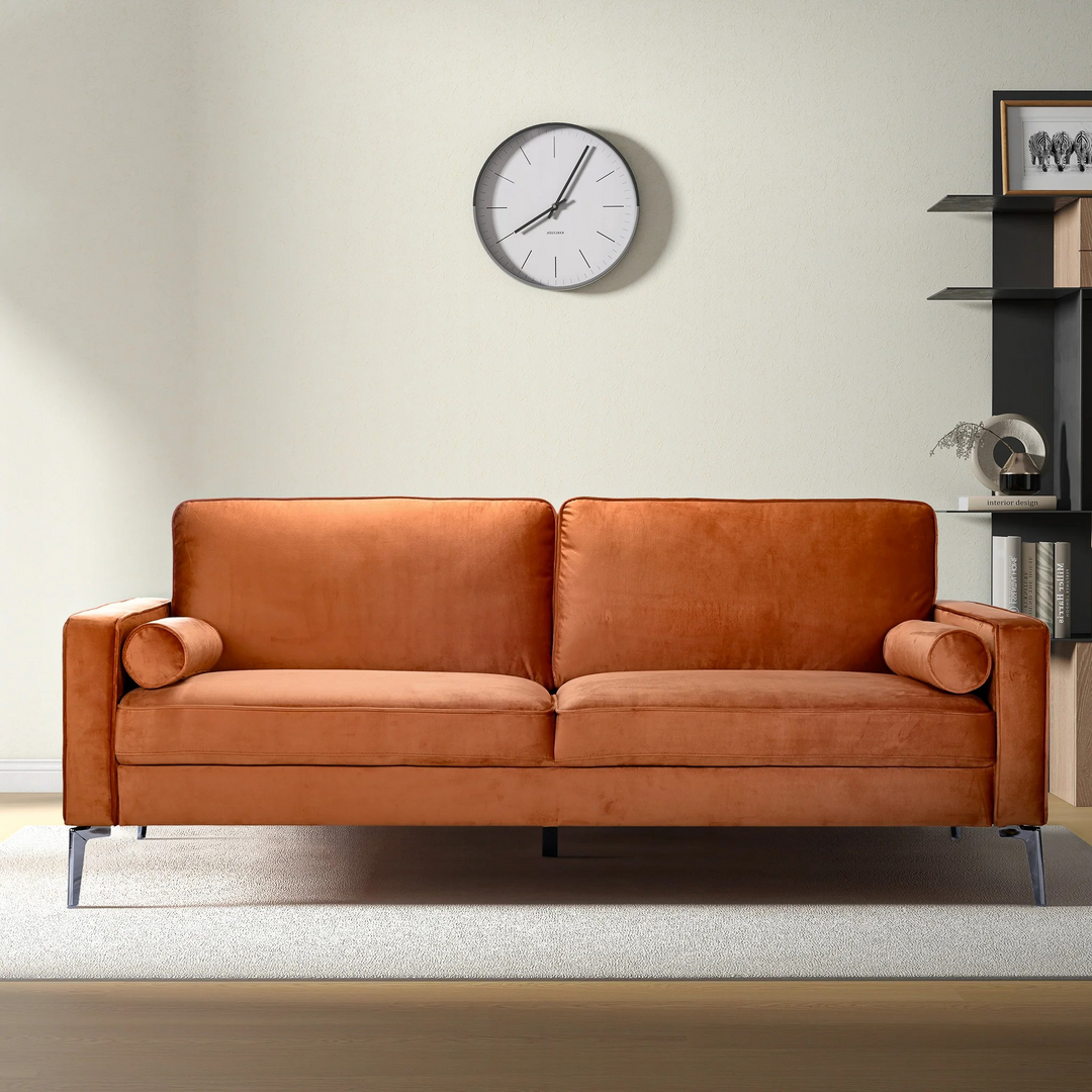 Axten Orange Velvet Sofa Front View.