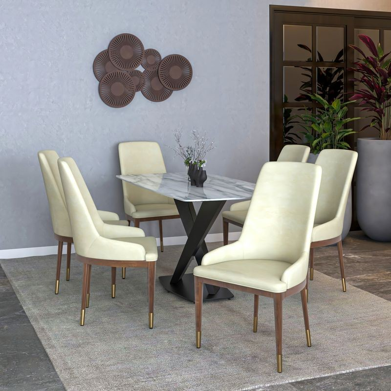 Leisuremod Viva Collection Modern Wooden Dining Chair in Cream at Table.