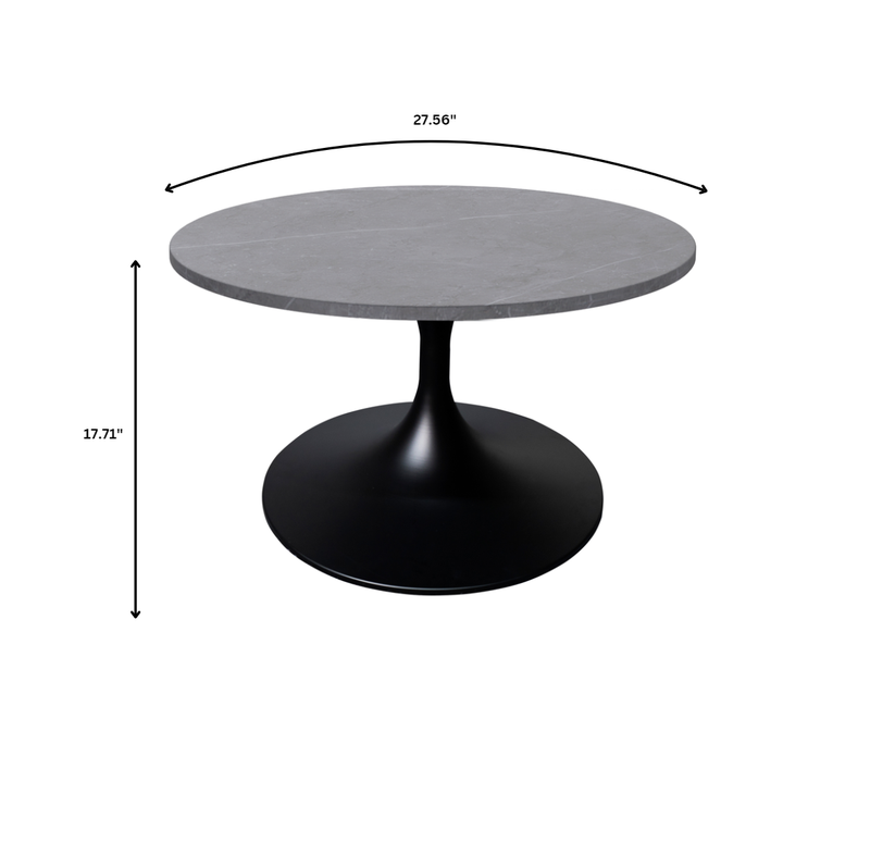 LeisureMod Verve Coffee Table Black Base with 27" Round Grey Sintered Stone Top Dimensions.