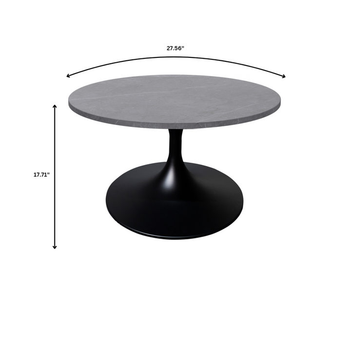 LeisureMod Verve Coffee Table Black Base with 27" Round Grey Sintered Stone Top Dimensions.
