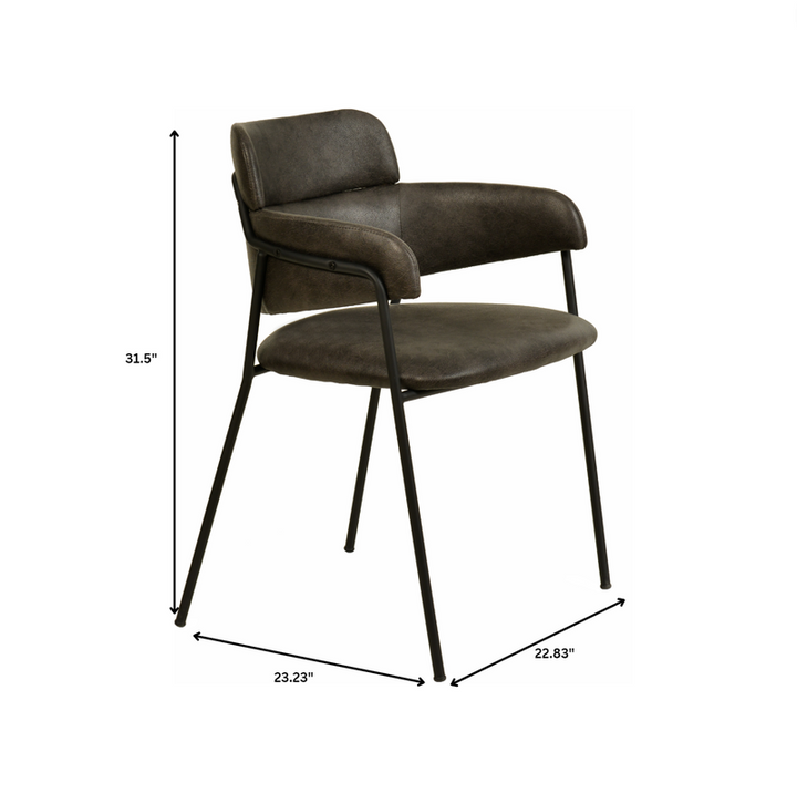 Brown chair with black metal legs and dimensions labeled on a white background.