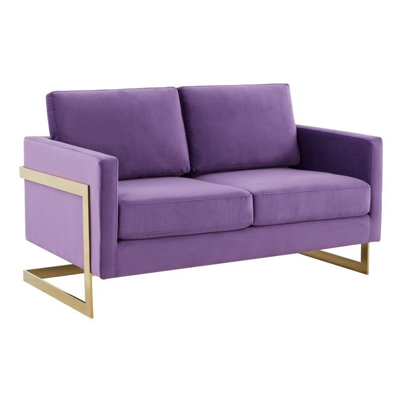 LeisureMod Lincoln Modern Mid-Century Upholstered Velvet Loveseat with Gold Frame Purple
