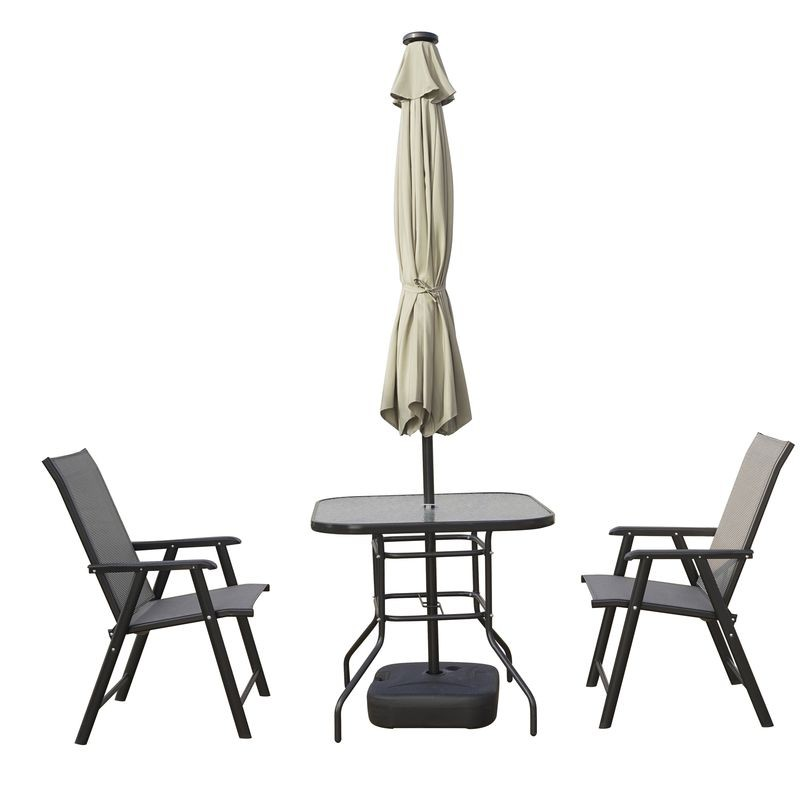 LeisureMod Sierra Outdoor Patio Umbrella with Base in Cream Closed.