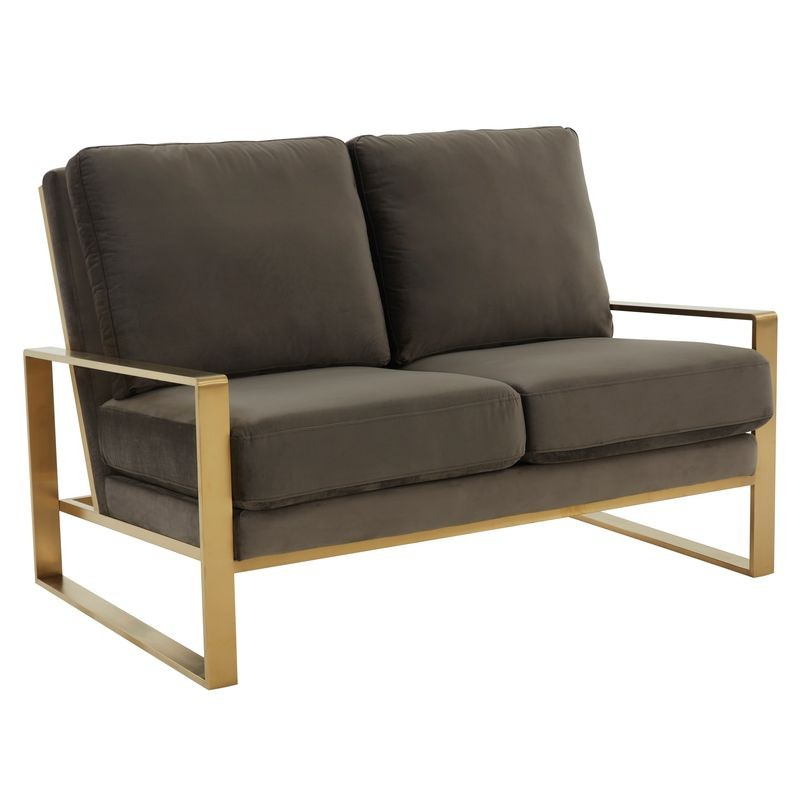 Leisuremod Jefferson Contemporary Modern Velvet Loveseat with Gold Frame Dark Grey