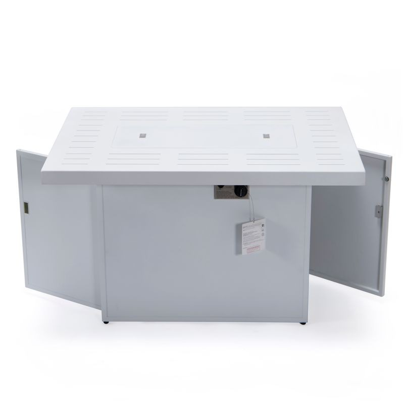 LeisureMod Chelsea Patio Modern Aluminum Propane Fire Pit Table White Opened Drawers.