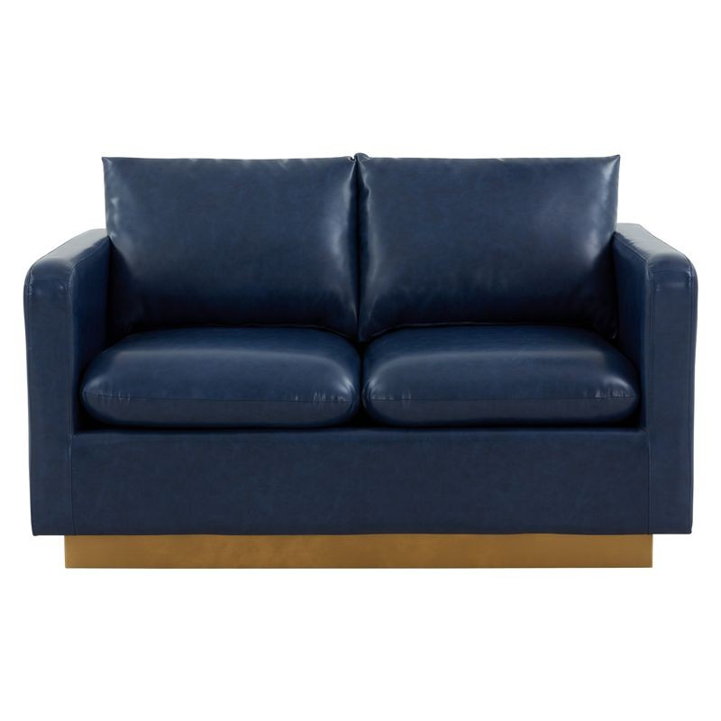 LeisureMod Nervo Modern Mid-Century Upholstered Faux Leather Loveseat with Gold Frame Navy Blue Front.