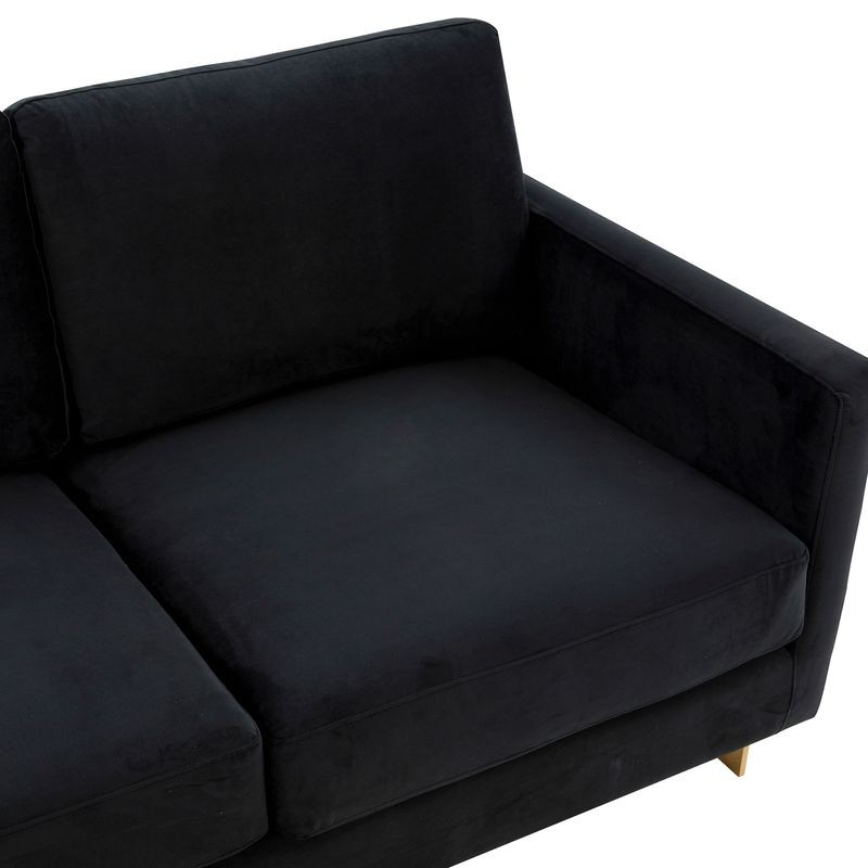 LeisureMod Lincoln Modern Mid-Century Upholstered Velvet Sofa with Gold Frame Black Closeup.