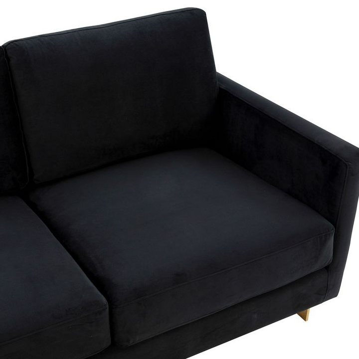 LeisureMod Lincoln Modern Mid-Century Upholstered Velvet Sofa with Gold Frame Black Closeup.
