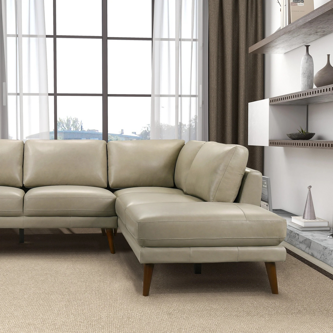 Benson Beige Leather Sectional Sofa Right Facing Chaise Closeup.