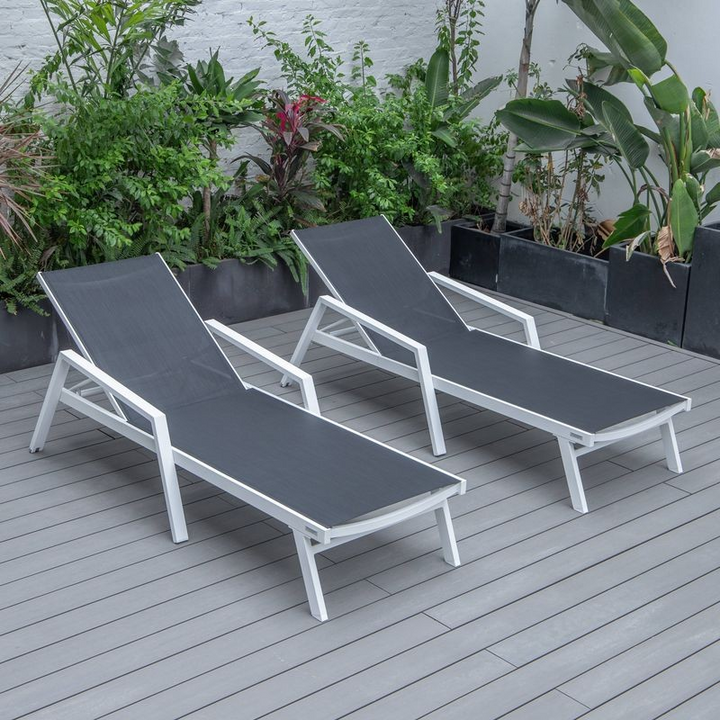 LeisureMod Marlin Patio Chaise Lounge Chair with Armrests in White Aluminum Frame, Set of 2 in Black