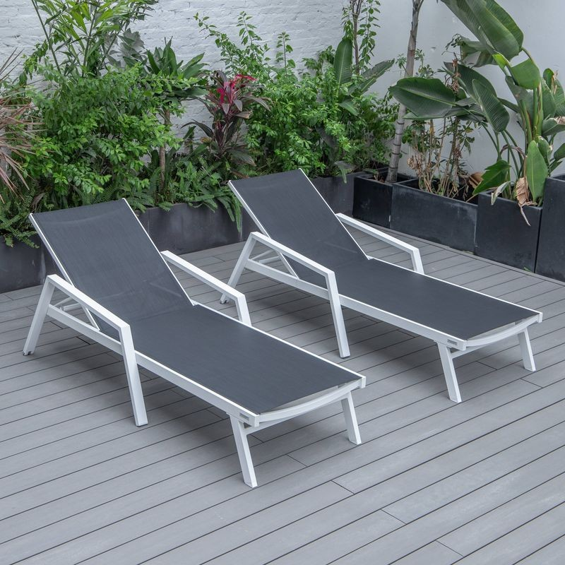 LeisureMod Marlin Patio Chaise Lounge Chair with Armrests in White Aluminum Frame, Set of 2 in Black
