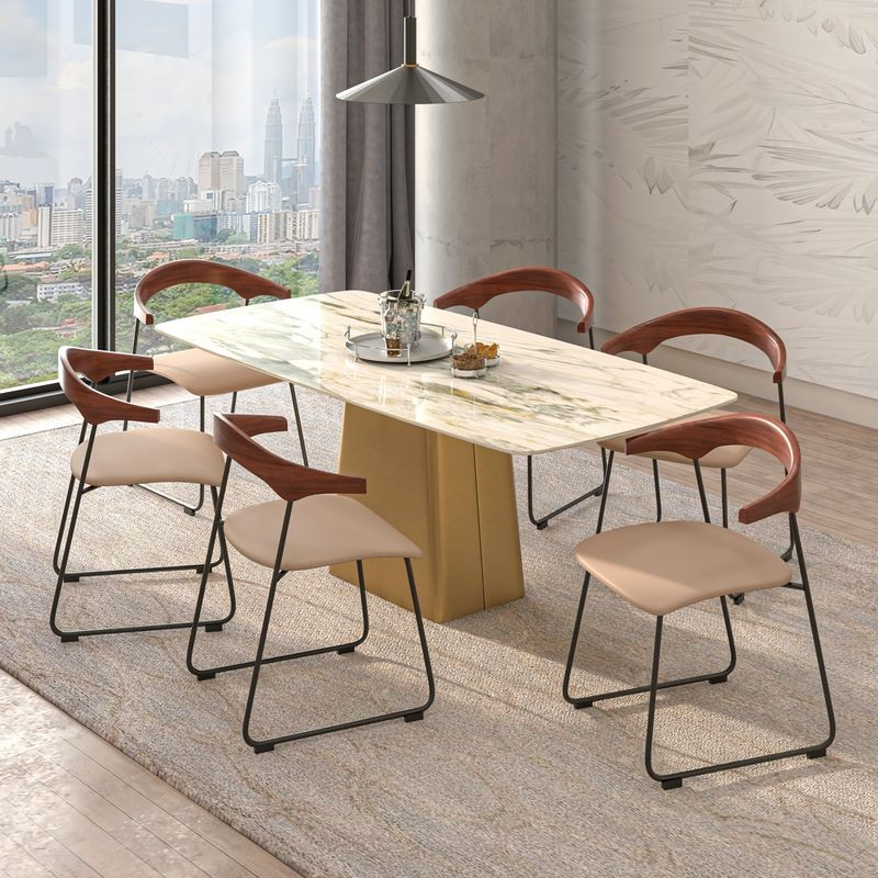 LeisureMod Lyra Collection Modern Chair in Dark Wood back and Taupe Seat at Table.