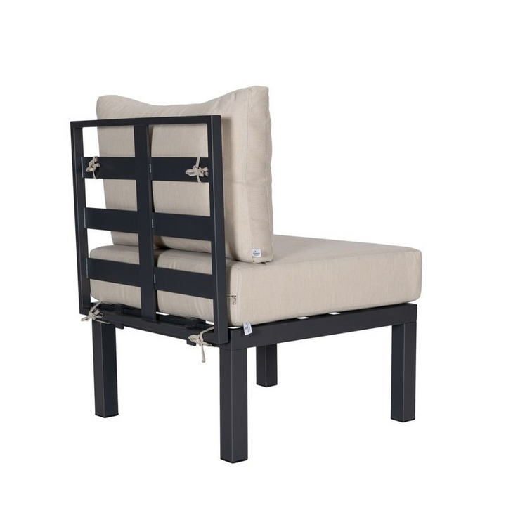 LeisureMod Chelsea 7-Piece Patio Sectional and Coffee Table Set Black Aluminum with Cushions Beige Back Chair View.