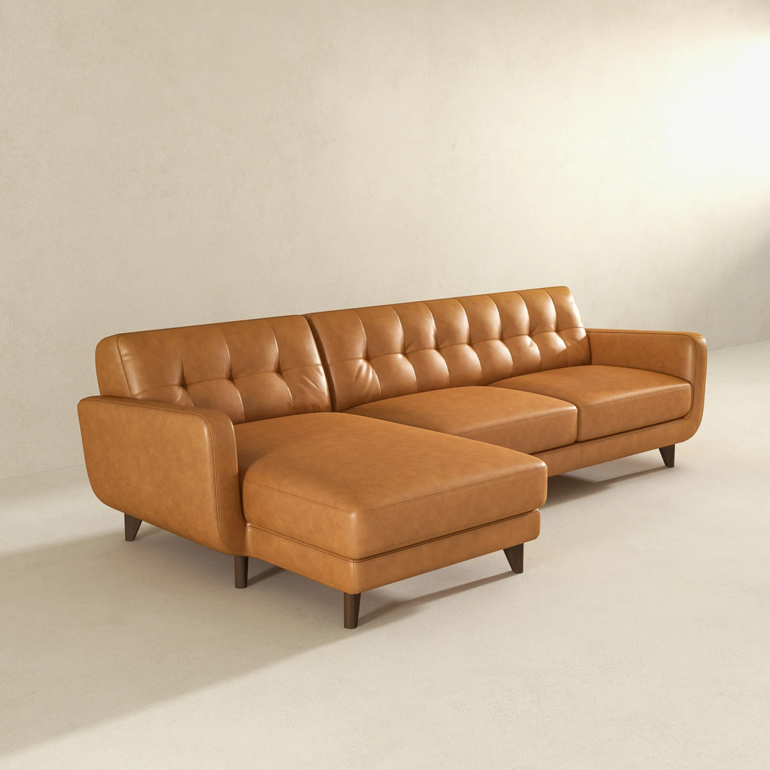 Allison Left-Facing Tan Leather Sectional Sofa Angled Photo.