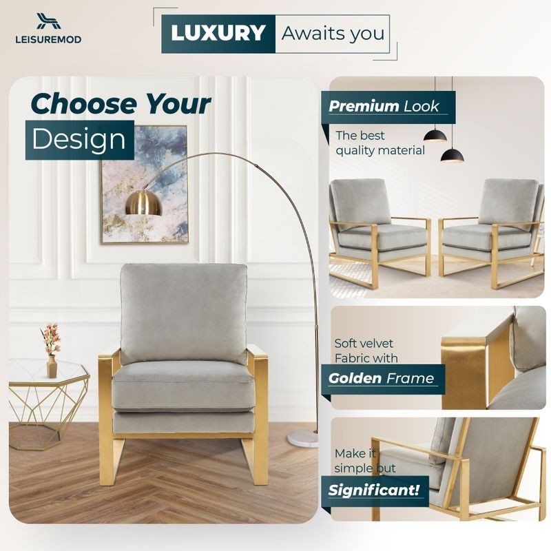 LeisureMod Jefferson Velvet Design Accent Armchair with Gold Brass Finish Frame Light Gray Designs