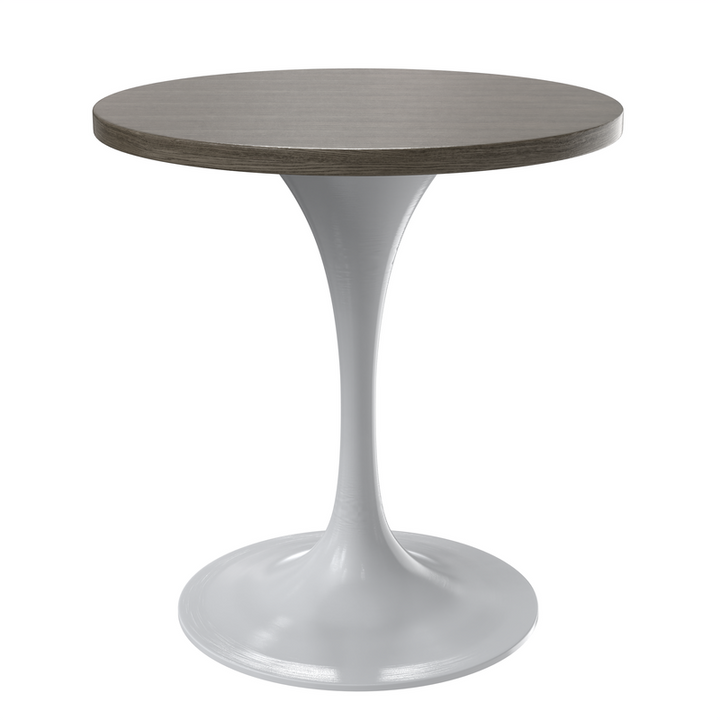 LeisureMod Verve Collection 27 Round Dining Table, White Base with Dark Maple MDF Top