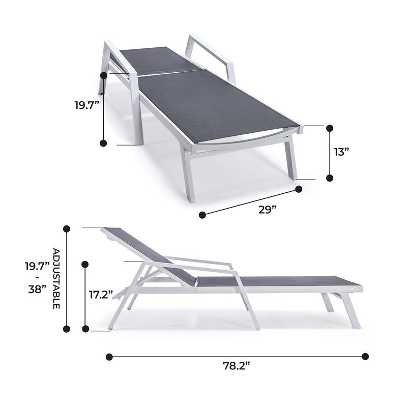 LeisureMod Marlin Patio Chaise Lounge Chair with Armrests in White Aluminum Frame Black Dimensions.