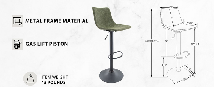 Green bar stool with metal frame material and gas lift piston features, on a white background.