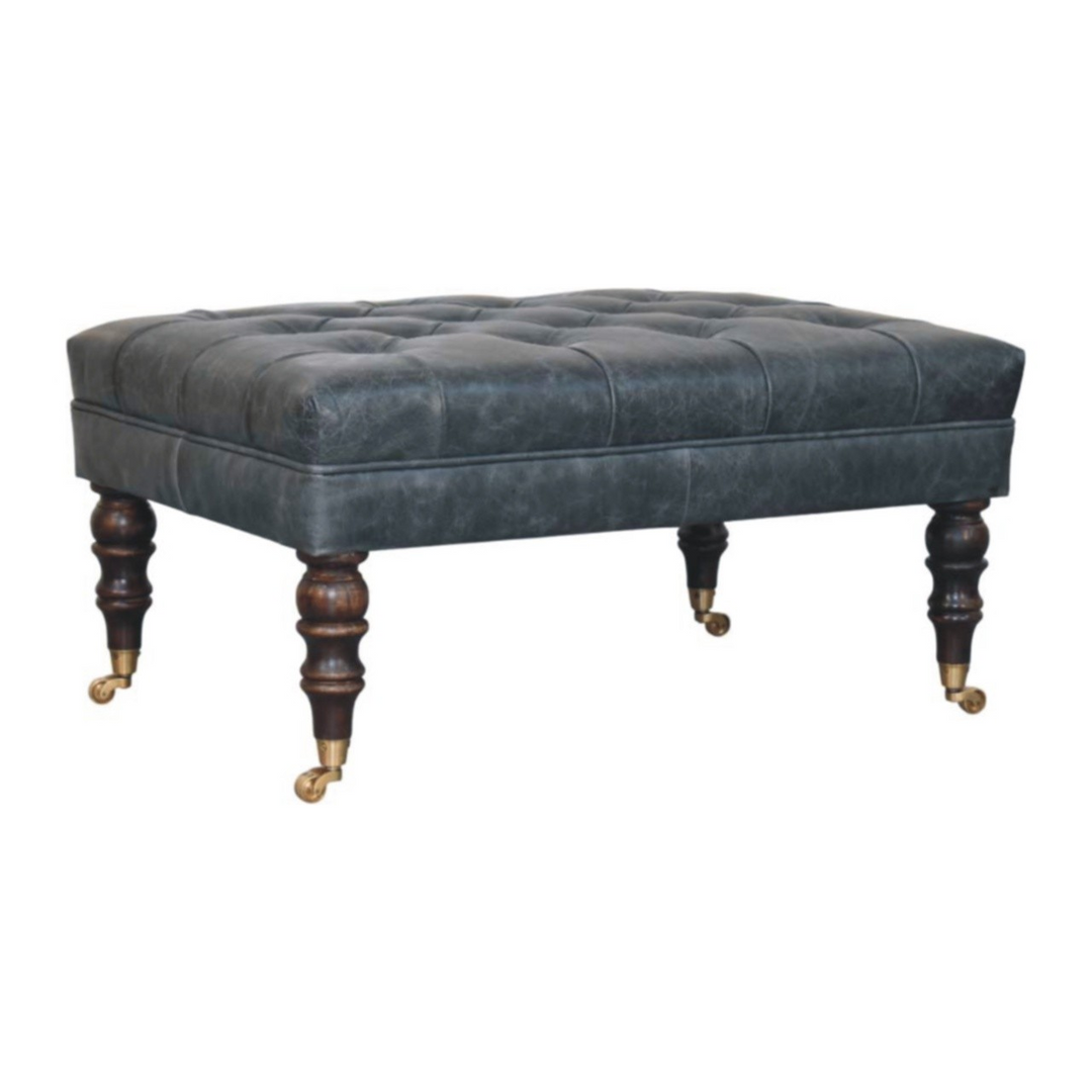 Buffalo Teal Leather Ottoman with Castor Legs Angled View