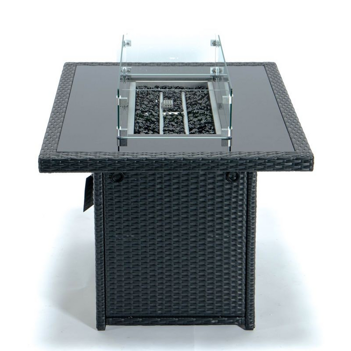LeisureMod Mace Wicker Patio Modern Propane Fire Pit Table Black Straight View.