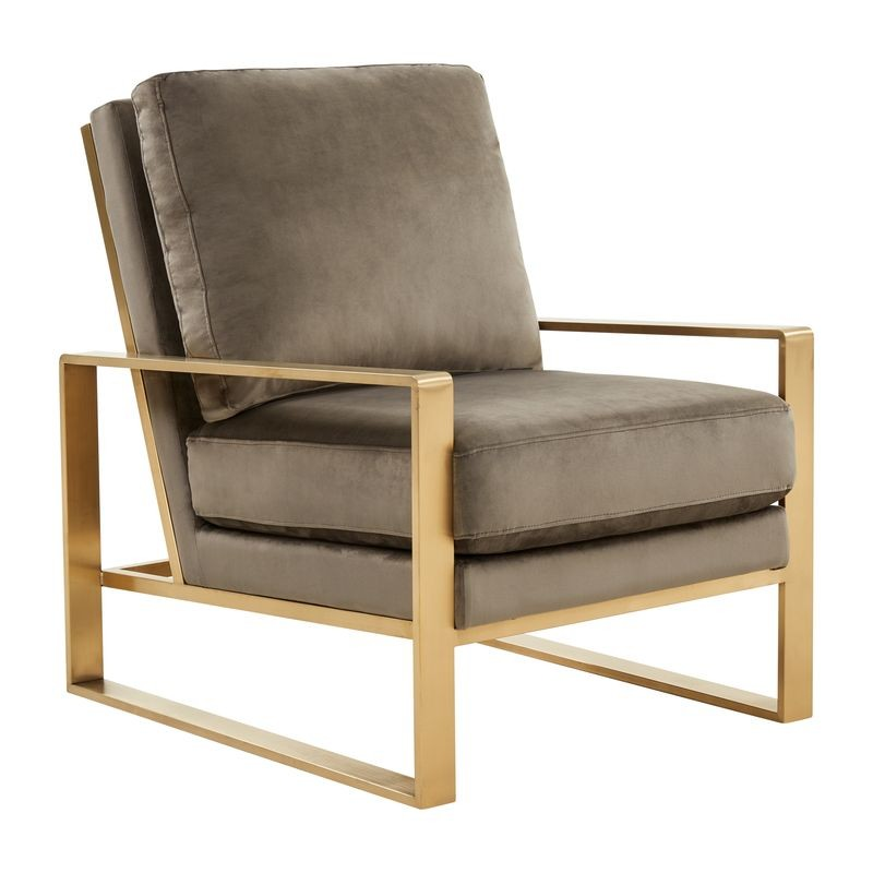 LeisureMod Jefferson Velvet Design Accent Armchair with Gold Brass Finish Frame Angled View