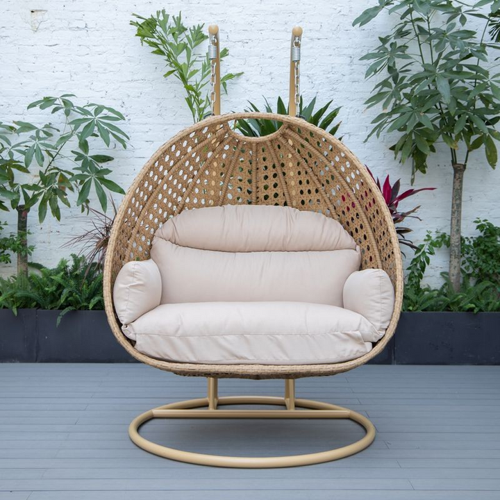 LeisureMod Mendoza Light Brown Wicker Hanging 2 Person Egg Swing Chair Beige Front View.
