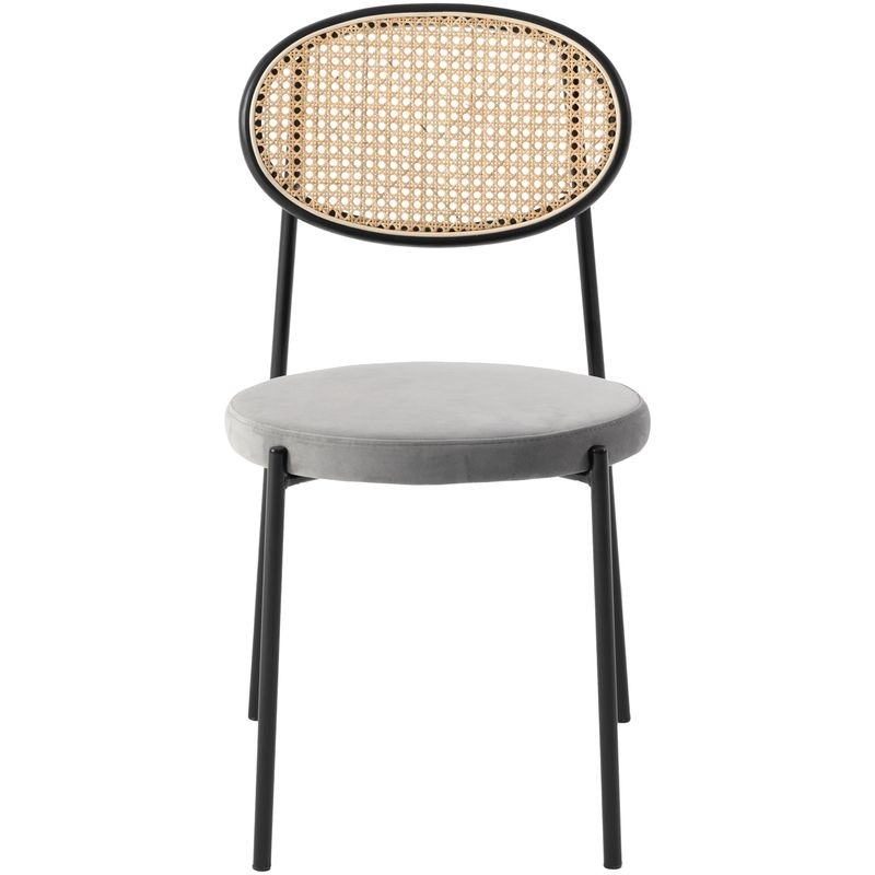 LeisureMod Euston Modern Wicker Dining Chair with Velvet Round Seat Grey Front View.