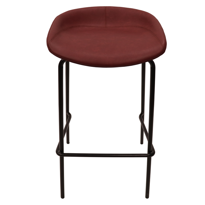 LeisureMod Servos Modern Barstool with Upholstered Faux Leather Seat and Powder Coated Iron Frame in Bordeaux
