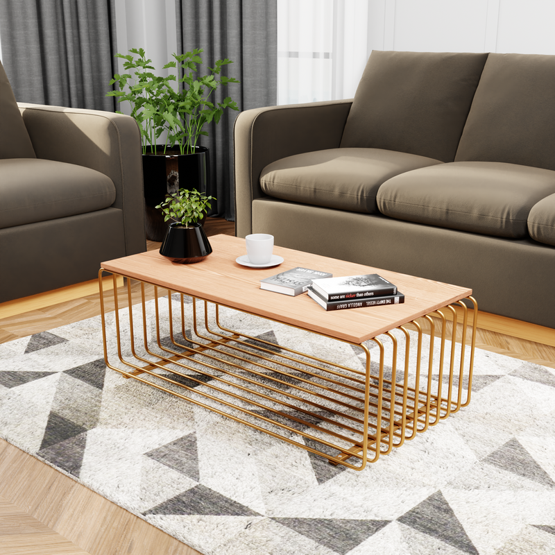 LeisureMod Walden Rectangular Coffee Table with Ash Veneer Top and Powder Coated Steel Frame in Gold