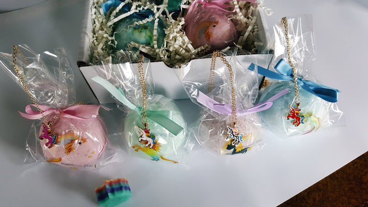 Unicorn Bath Bomb Gift for Girls with 4 XL Bath Bombs Each with a Surprise Necklace Inside (Unicorn)