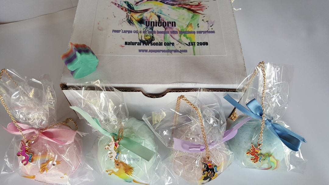 Unicorn Bath Bomb Gift for Girls with 4 XL Bath Bombs Each with a Surprise Necklace Inside (Unicorn)