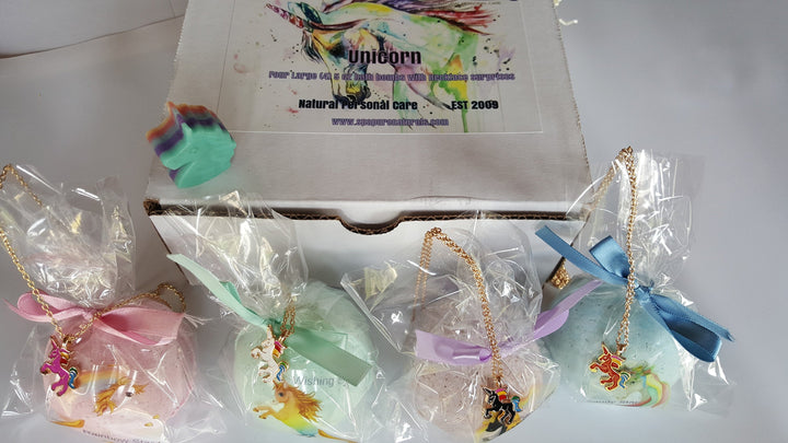 Unicorn Bath Bomb Gift for Girls with 4 XL Bath Bombs Each with a Surprise Necklace Inside (Unicorn)