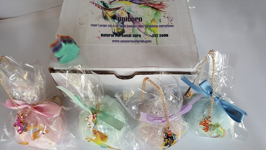 Unicorn Bath Bomb Gift for Girls with 4 XL Bath Bombs Each with a Surprise Necklace Inside (Unicorn)