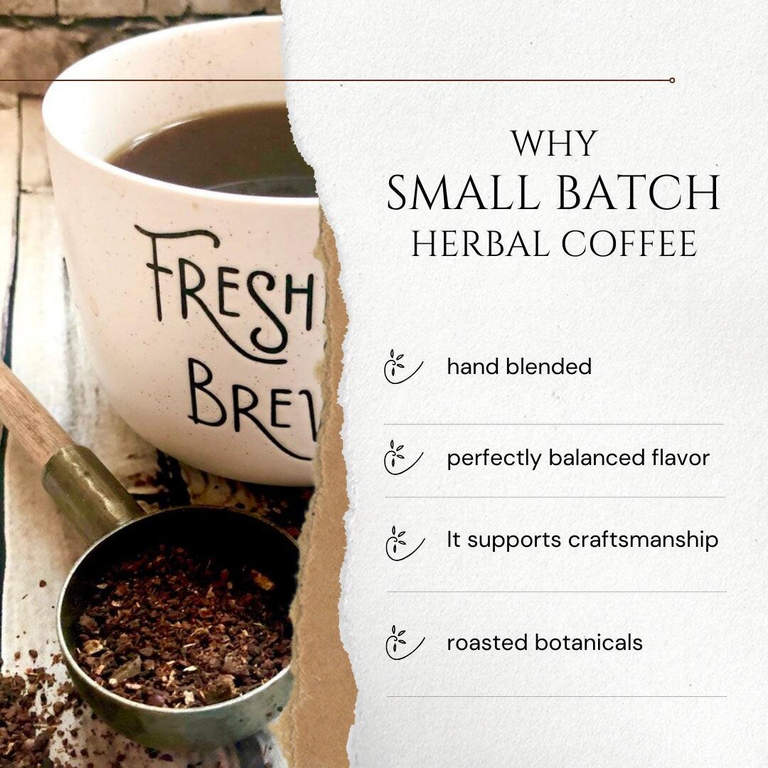 White mug labeled Fresh Brew with a small pan of coffee beans, accompanied by text about small batch herbal coffee.