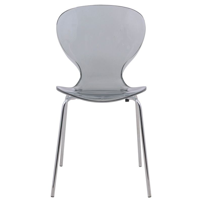 LeisureMod 5-Piece Dining Set Round White MDF Dining Table and 4 Plastic Dining Chairs with Chrome Legs Transparent Black Front View Chair.