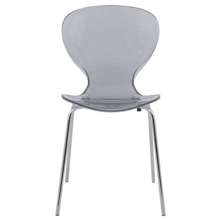 LeisureMod 5-Piece Dining Set Round White MDF Dining Table and 4 Plastic Dining Chairs with Chrome Legs Transparent Black Front View Chair.