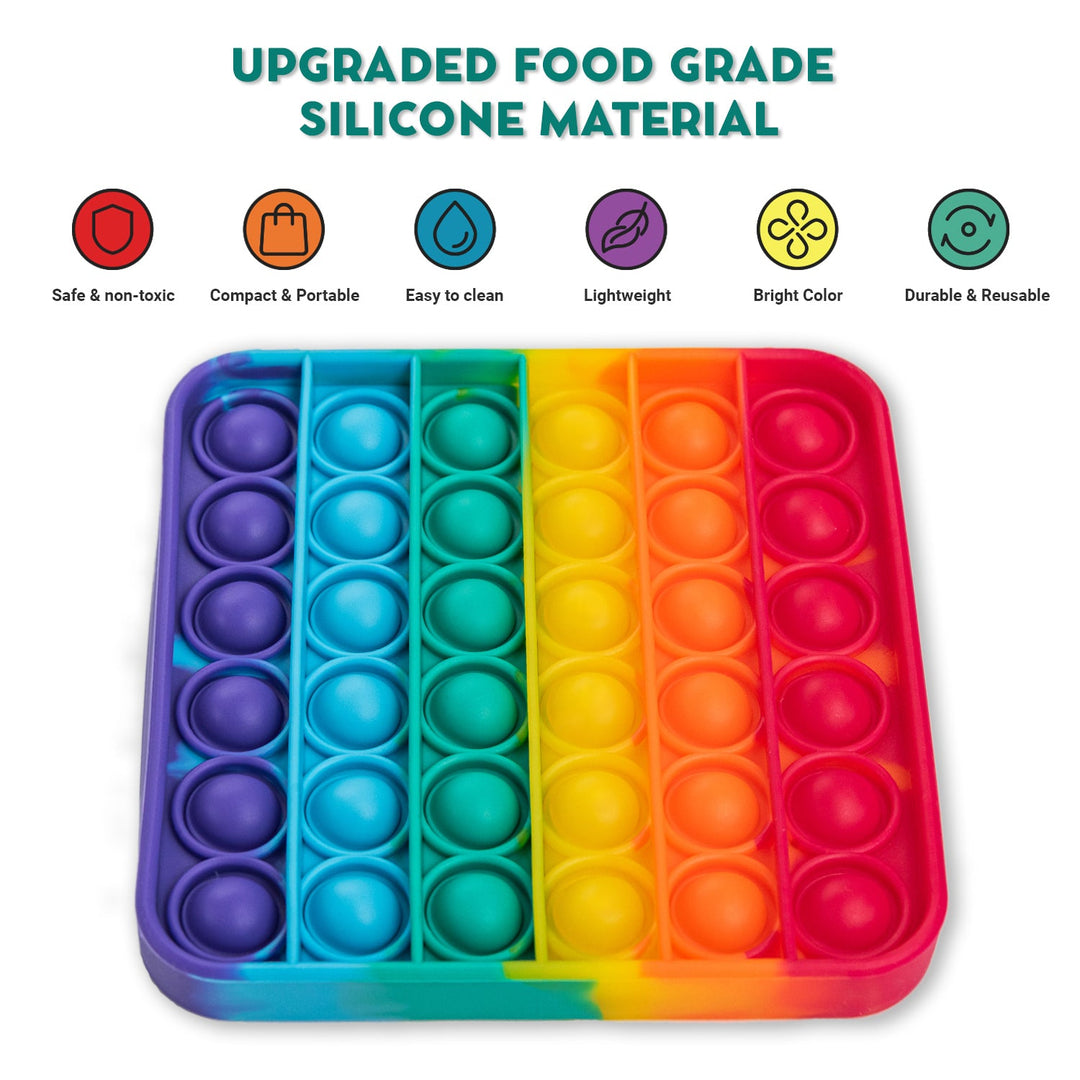 Rainbow colored pop it fidget toy with text about upgraded food-grade silicone material.