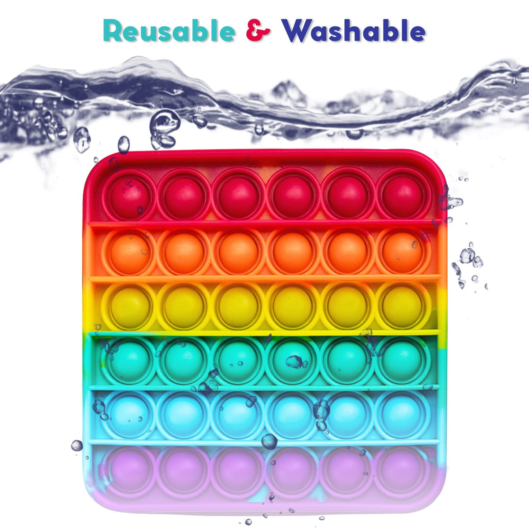 Colorful pop it toy with water and bubbles in the background, labeled reusable and washable.