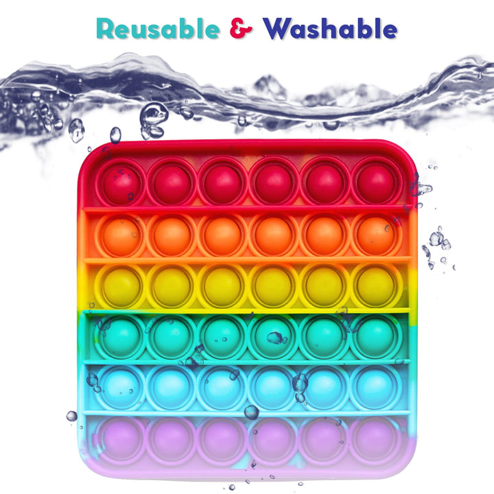 Colorful pop it toy with water and bubbles in the background, labeled reusable and washable.