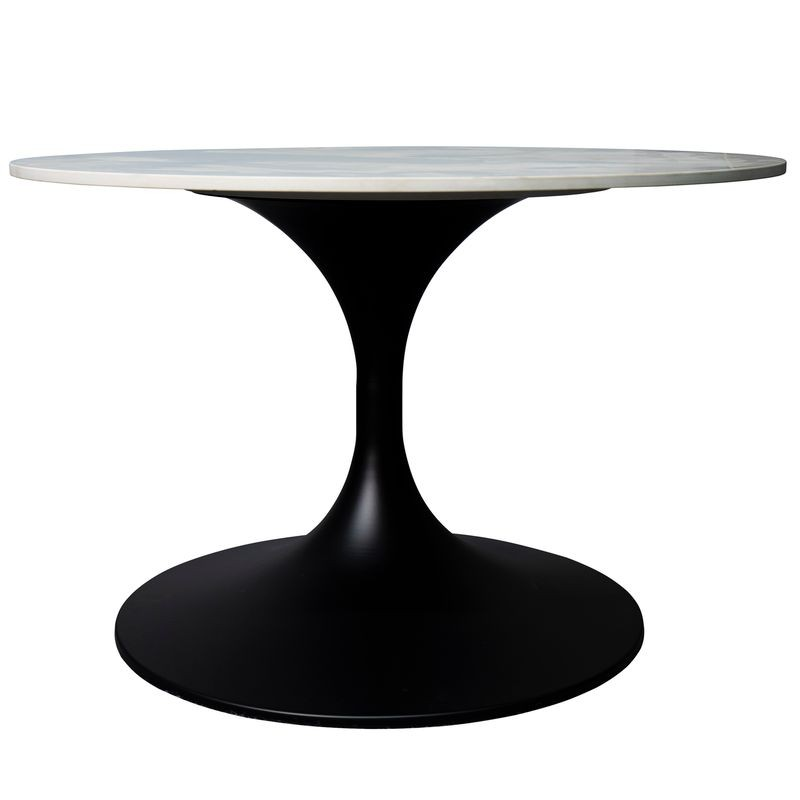 LeisureMod Verve Coffee Table Black Base with 27" round White Sintered Stone Top Side View.