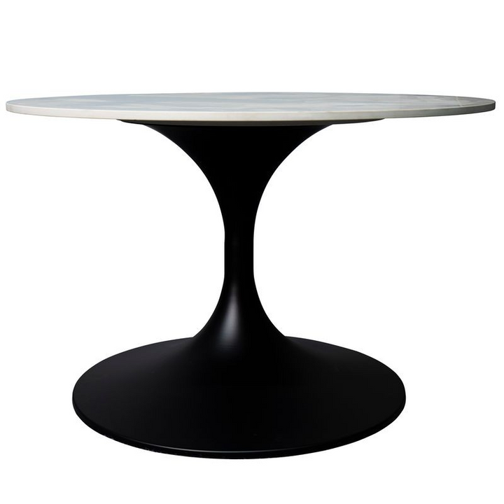 LeisureMod Verve Coffee Table Black Base with 27" round White Sintered Stone Top Side View.