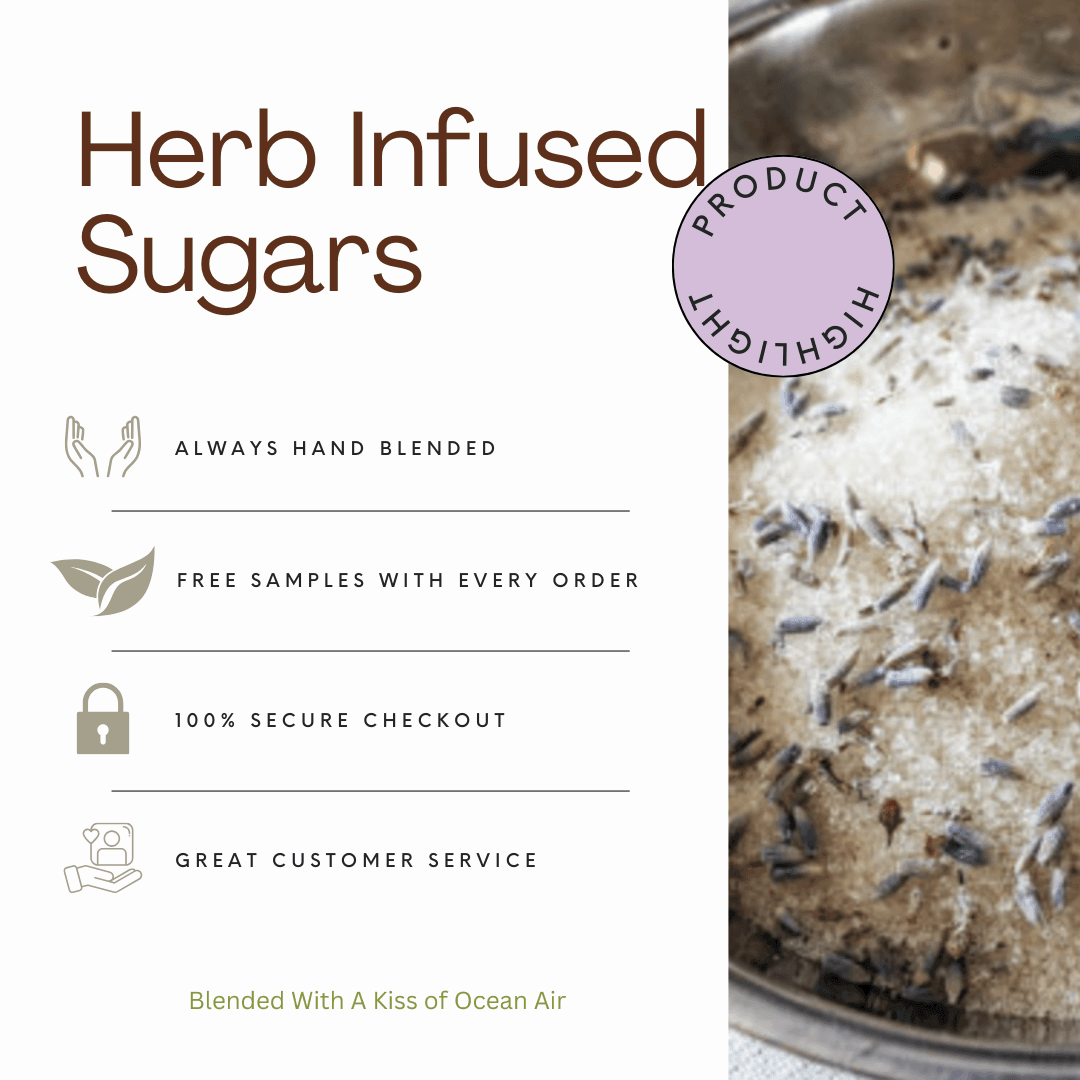 Advertisement for herb-infused sugars with text and a product image on a white background.