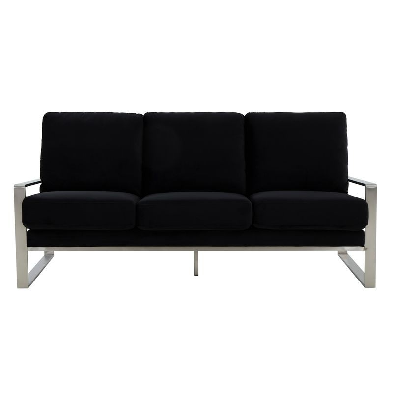 LeisureMod Jefferson Contemporary Modern Design Velvet Sofa with Silver Frame Black Front View.