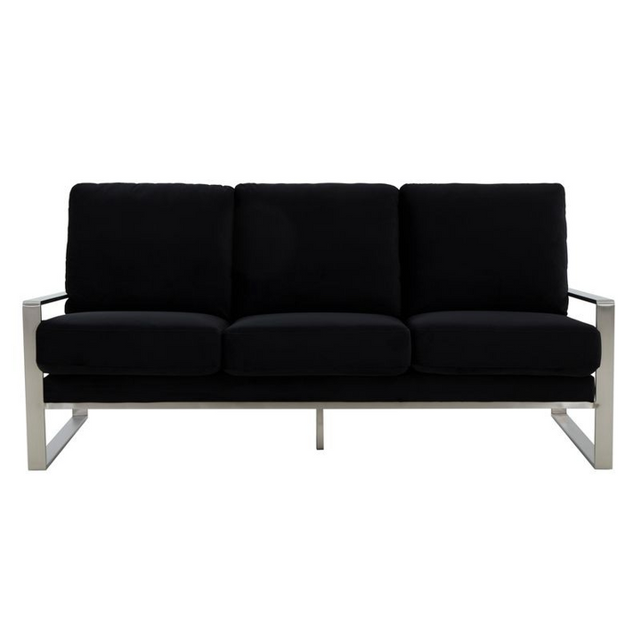 LeisureMod Jefferson Contemporary Modern Design Velvet Sofa with Silver Frame Black Front View.