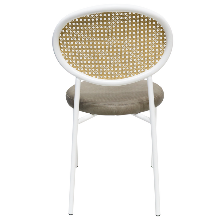 LeisureMod Euston Modern Wicker Dining Chair with White Frame and Leather Seat in Taupe Set of 2 Back View.