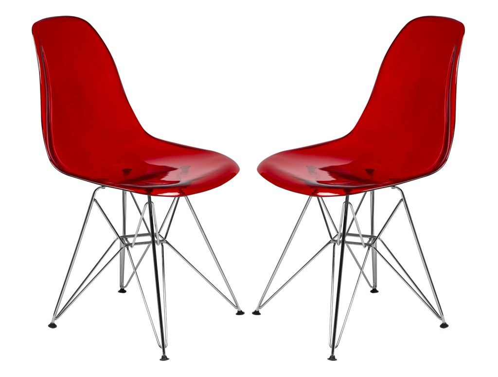 LeisureMod Cresco Molded Eiffel Side Chair, Set of 2 Transparent Red